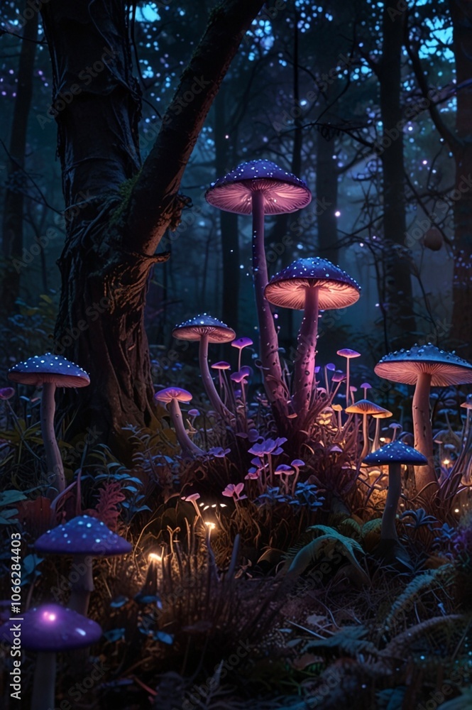 Naklejka premium A poster image featuring a fantasy forest ambiance with a cluster of mushrooms, emphasizing the natural setting with autumn biome elements like trees, grass, and a pop of fantasy purple color.