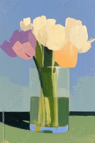 Minimalist vase with pastel flowers in natural light.