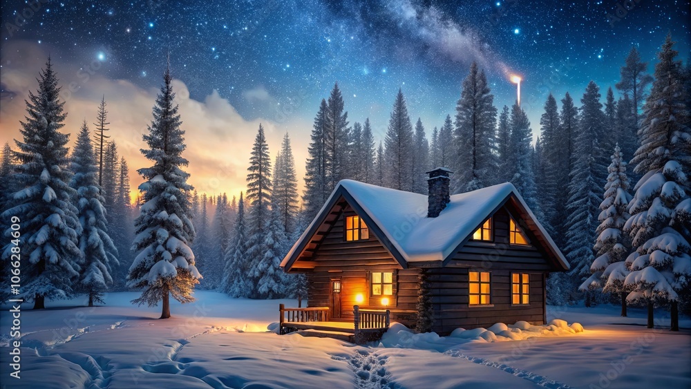 Naklejka premium A solitary wooden cabin with warm windows glows amidst a snow-covered forest under a starlit sky.