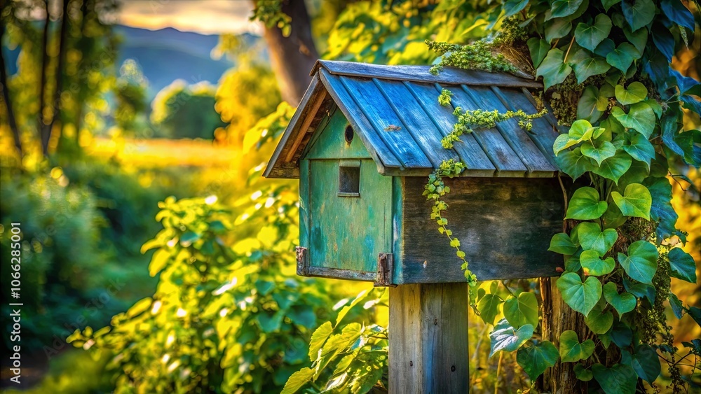 A Rustic Birdhouse Nestled Among Lush Foliage, Bathed in the Warm Glow of a Setting Sun A Rustic Birdhouse Nestled Among Lush Foliage, Bathed in the Warm Glow of a Setting Sun