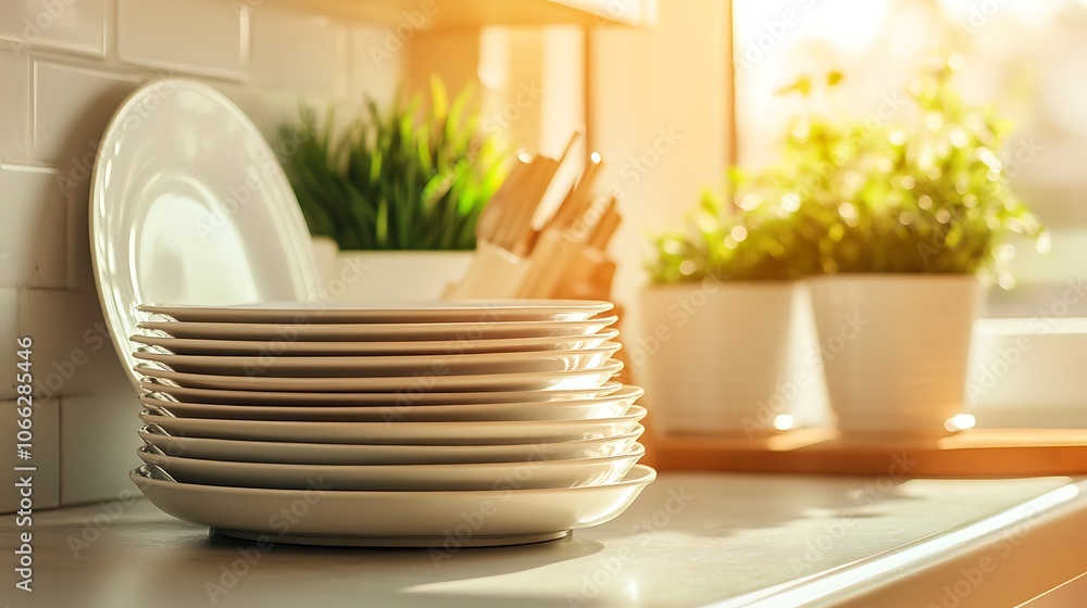 a stack of plates and utensils on a counter a stack of plates and utensils on a counter