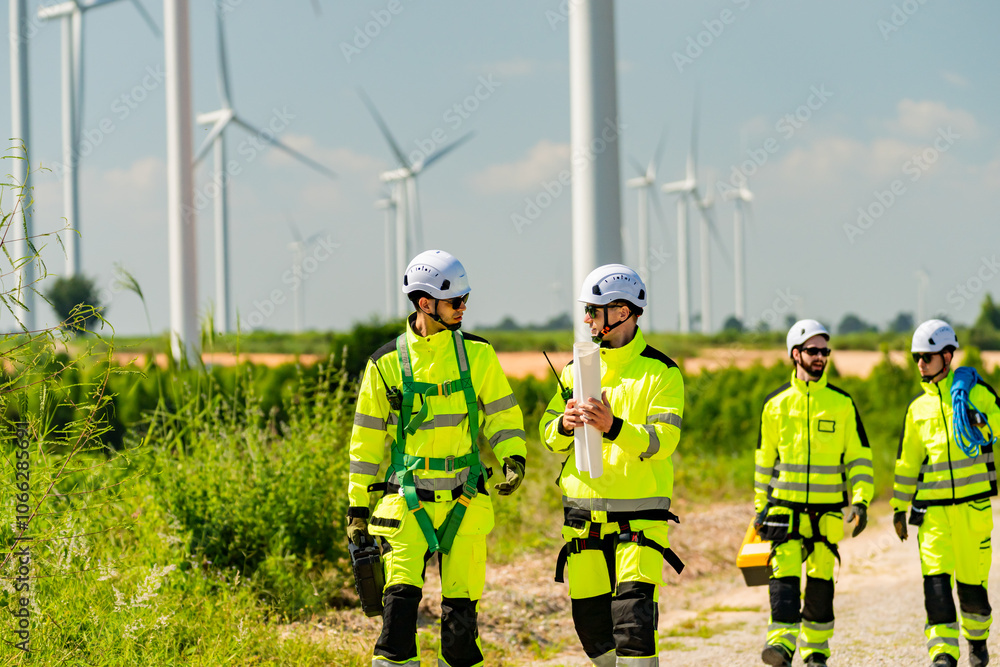 Four young male wind farm engineers work inspecting field systems.Wind turbine engineer inspection and wind turbine inspection progress at construction site. Four young male wind farm engineers work inspecting field systems.Wind turbine engineer inspection and wind turbine inspection progress at construction site.
