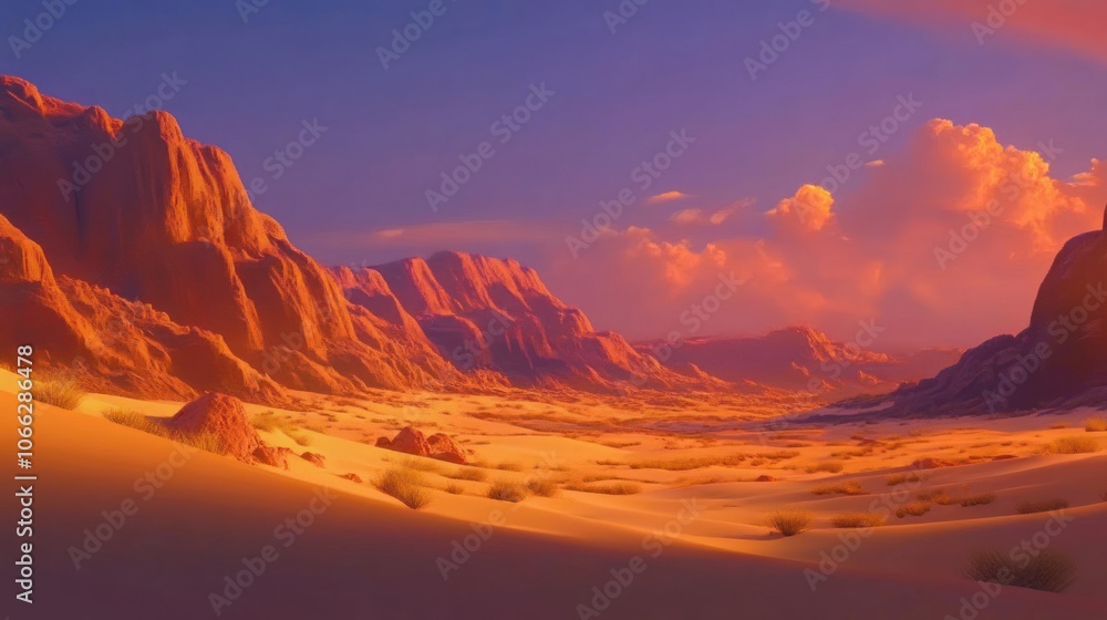 Fototapeta premium Evening glow over desert landscape, casting warm tones across a quiet scene of sand dunes.