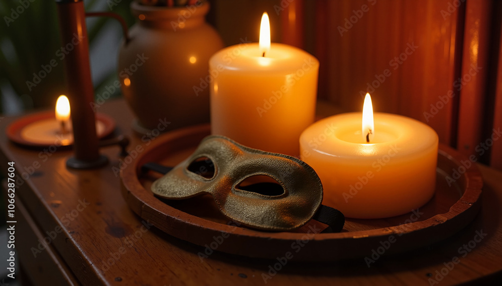 Burning Candles and Venetian Mask for Cozy Ambiance Burning Candles and Venetian Mask for Cozy Ambiance