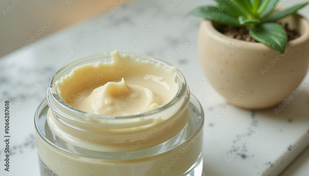 Creamy Skin Balm in Glass Jar with Small Plant for Natural Skincare Creamy Skin Balm in Glass Jar with Small Plant for Natural Skincare