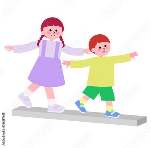 コンクリートの立方体で子供がバランスを取りながら慎重に歩いて遊んでいるイラスト