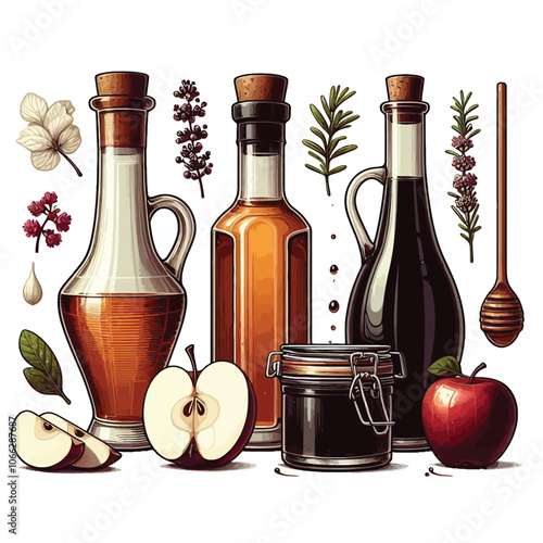 Vinegar (White, Balsamic, Apple cider) set vector illustration