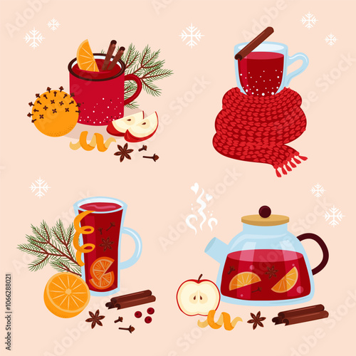 Mulled wine set. Winter hot drink, orange, spices. Glass, mug, teapot. Compositions of cute design elements. Vector illustration. 