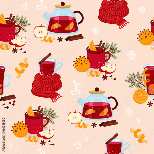 Mulled wine seamless pattern. Winter hot drink, orange, spices. Glass, mug, teapot. Cute colorful trendy vector background for packaging, paper, fabric, wallpaper. 