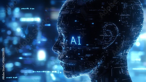 A digital representation of a human-like silhouette, with glowing data patterns and "AI" illuminated in blue, symbolizing artificial intelligence and technology.