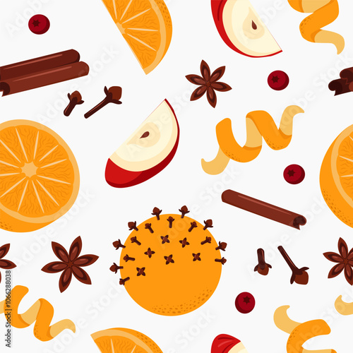 Mulled wine ingredients seamless pattern. Сitrus fruits and spices. 