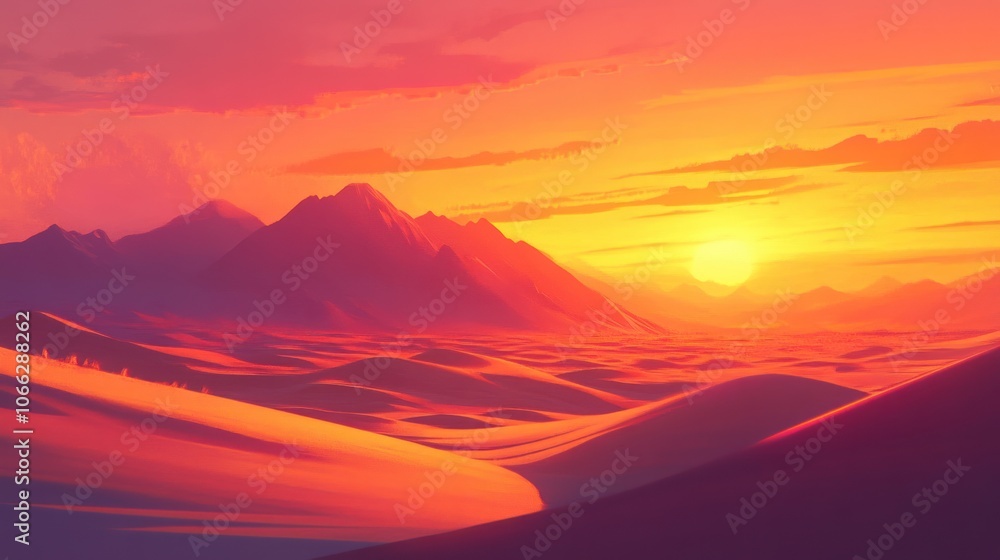 Fototapeta premium Glowing sunset light over vast desert dunes, creating dramatic shadows and a peaceful, quiet ambiance.