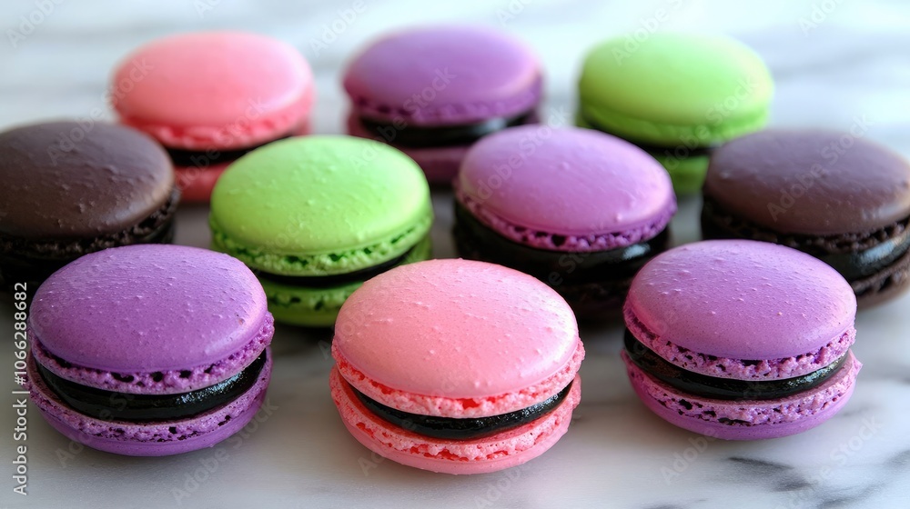 Obraz premium Colorful Macarons Arranged on a Marble Surface