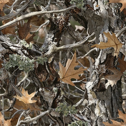 Oak Tree Bark Oak Leaves Hunting Camo Pattern, Seamless Camouflage Foliage Texture