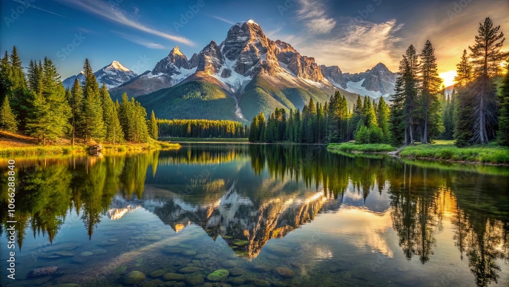Serene Reflection of Majestic Peaks in a Still Lake, Bathed in the Golden Glow of Dawn Serene Reflection of Majestic Peaks in a Still Lake, Bathed in the Golden Glow of Dawn