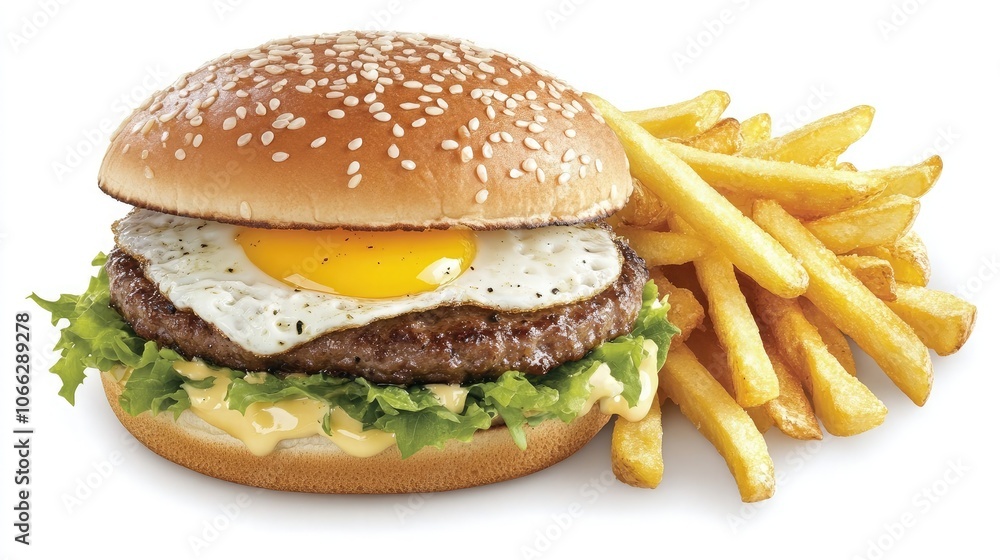 Delicious burger with egg and crispy fries Delicious burger with egg and crispy fries