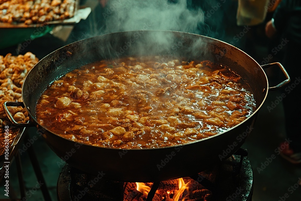 A large pot of stew is cooking over an open fire, with steam rising from the pot. A large pot of stew is cooking over an open fire, with steam rising from the pot.