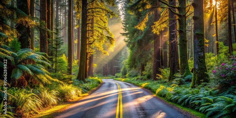 Obraz premium A Winding Road Through a Sun-Drenched Forest, Where Golden Rays Pierce Through Tall Trees, Creating a Path of Light