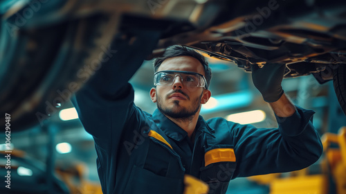 Mechanic with safety glasses inspecting car. Car mechanic wearing safety glasses examines the underbody of a vehicle in a repair shop, focusing on automotive diagnostics. photo