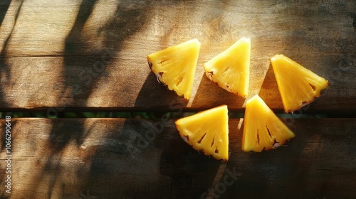 Fresh Pineapple Slices on Wooden Table