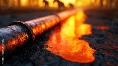 crude oil pipeline with spilled oil reflects vibrant sunset, creating striking contrast against silhouettes of wildlife in background