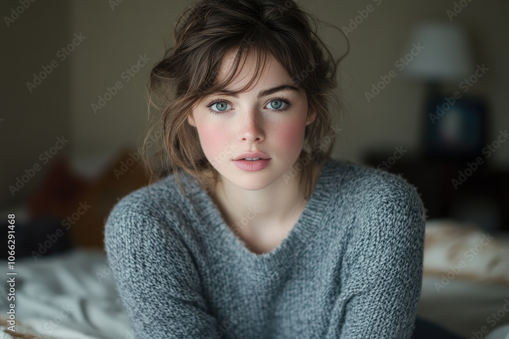 Beautiful young woman with blue eyes and freckles posing in cozy sweater Beautiful young woman with blue eyes and freckles posing in cozy sweater