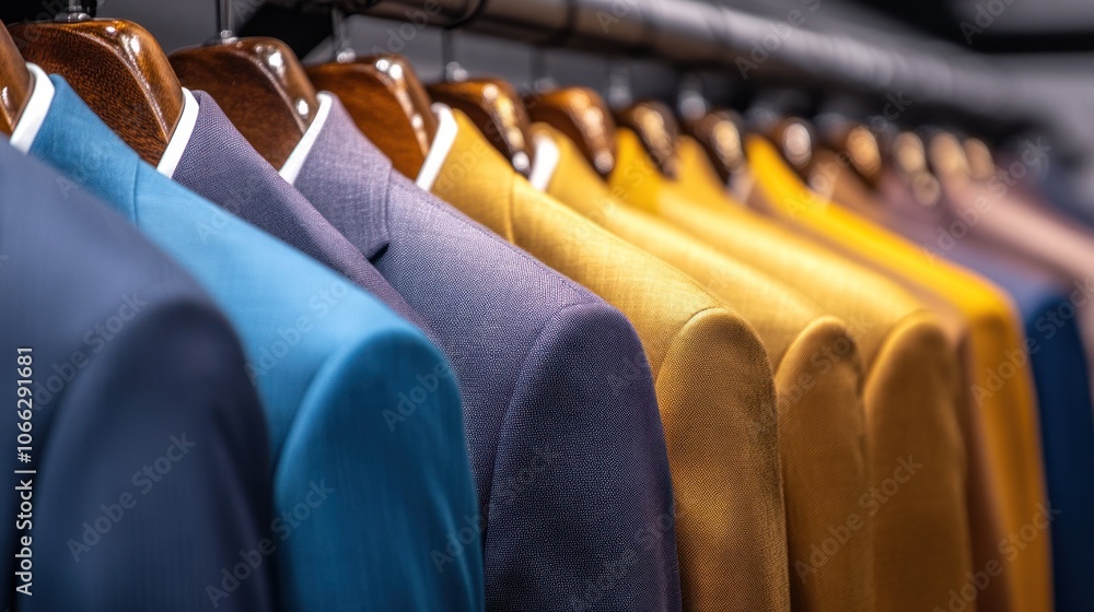 Obraz premium Men's formal wear collection with contrasting suit colors, all displayed on a white background.