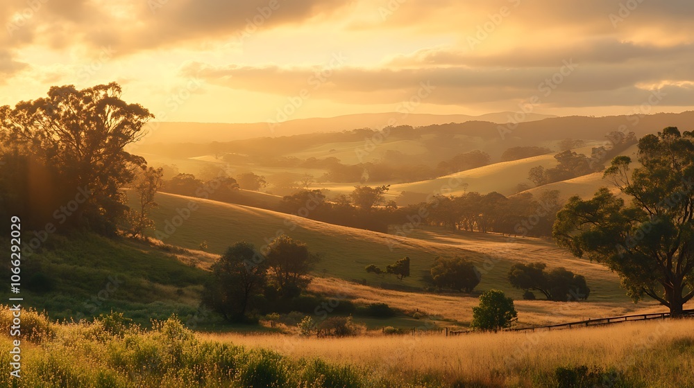 Fototapeta premium Golden Sunset Over Rolling Hills and Trees