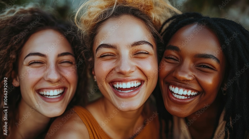 Three young women are smiling and having fun together Three young women are smiling and having fun together