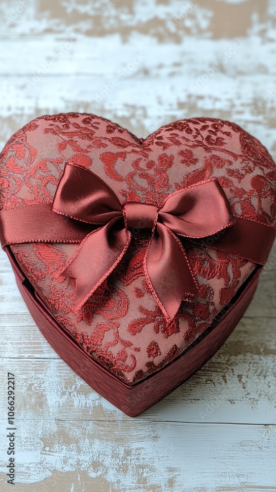Red heart shaped gift box with bow on wooden table Red heart shaped gift box with bow on wooden table