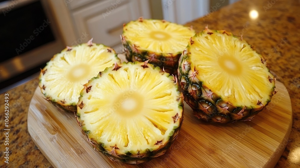 Fresh Pineapple Slices on Wooden Cutting Board Fresh Pineapple Slices on Wooden Cutting Board