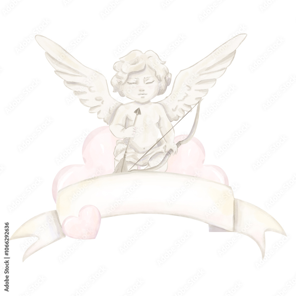 Fototapeta premium Watercolor Illustration Banner Ribbon with Cupid Antique, Bow, Arrow, Pink Hearts, Valentine's Day Attribute, Copy Space Image For Print and Web Design