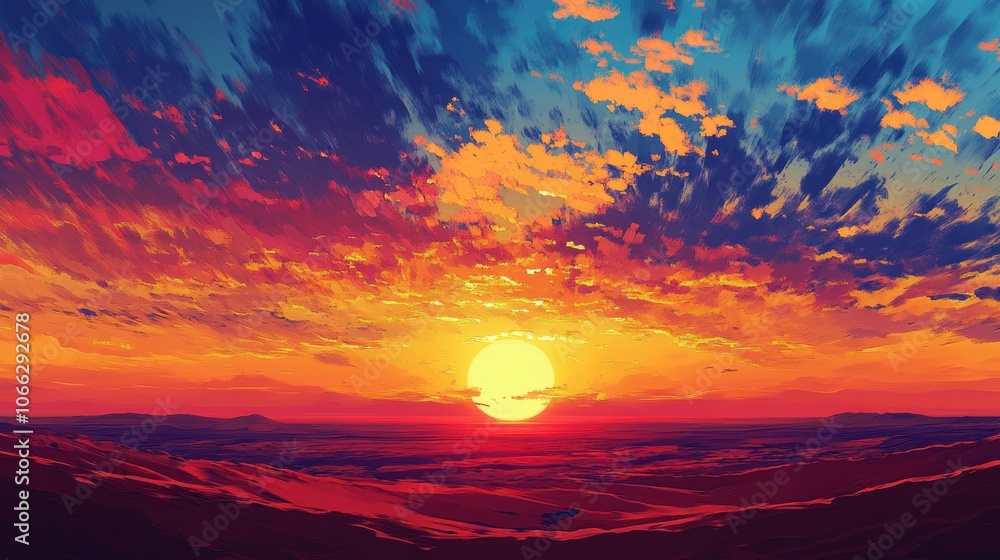 Open desert sunset, the sky ablaze with color as the sun dips below a horizon of sand dunes. Open desert sunset, the sky ablaze with color as the sun dips below a horizon of sand dunes.