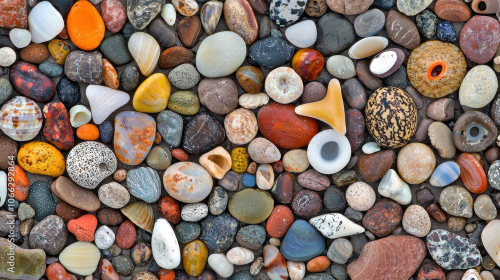 Colorful collection of smooth stones and shells on sandy surface Colorful collection of smooth stones and shells on sandy surface