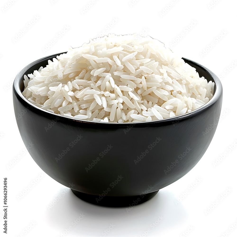 Rice on black bowl isolated on white background Rice on black bowl isolated on white background