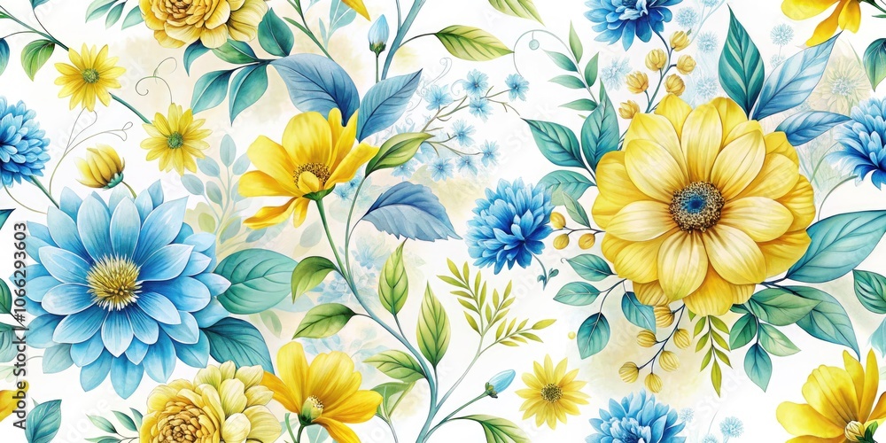 Obraz premium Beautiful Floral Pattern with Yellow and Blue Flowers on Clean White Background, Featuring Lush Green Leaves and Stems - Perfect for Home Decor and Textile Design