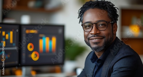 Smiling Black Businessman, Data Analyst, Office Portrait. photo