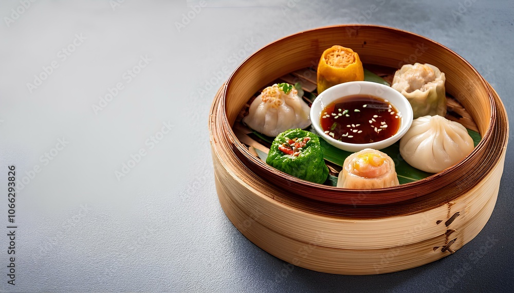 A Bamboo Steamer Filled With An Assortment Of Dim Sum, Including Shrimp Dumplings, Pork Buns A Bamboo Steamer Filled With An Assortment Of Dim Sum, Including Shrimp Dumplings, Pork Buns