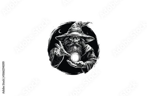 Old man wizard vintage engraving logo design vector