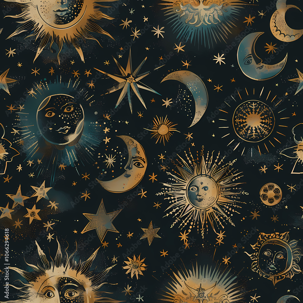 A celestial-themed pattern featuring gold illustrations of suns, moons, and stars on a dark background, creating an enchanting cosmic feel. A celestial-themed pattern featuring gold illustrations of suns, moons, and stars on a dark background, creating an enchanting cosmic feel.