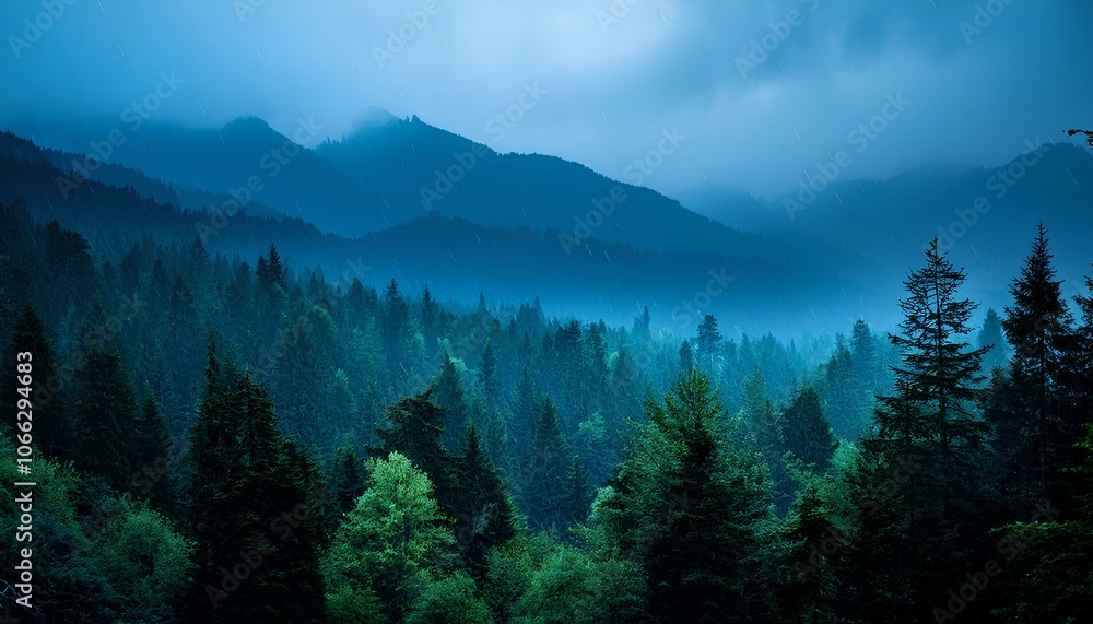 A rainy and peaceful night view in a mountainous woodland. Shades of green and blue A rainy and peaceful night view in a mountainous woodland. Shades of green and blue