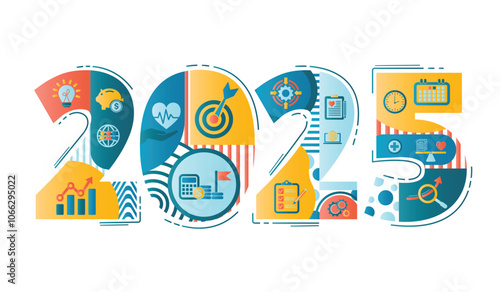2025 new year goal plan action with target icons, Business , financial, health care, environment, education plan and strategies. Annual plan and development for achieving goal to success. Vector set.