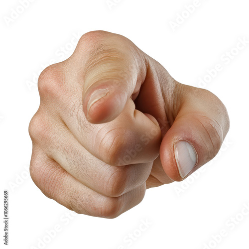 Close-up of a hand pointing forward with an assertive gesture on a white isolated background.