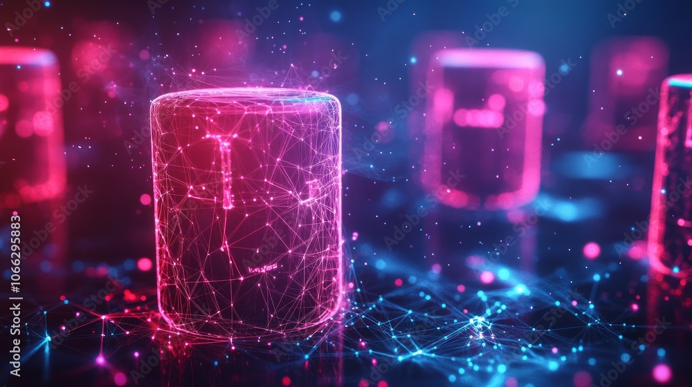 Abstract glowing digital network connection with data flowing around a glowing cylinder. Abstract glowing digital network connection with data flowing around a glowing cylinder.
