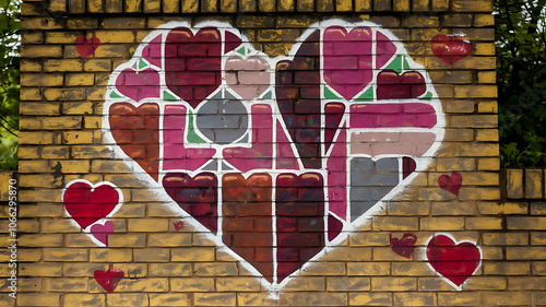 Brick wall with painted hearts in graffiti style.	