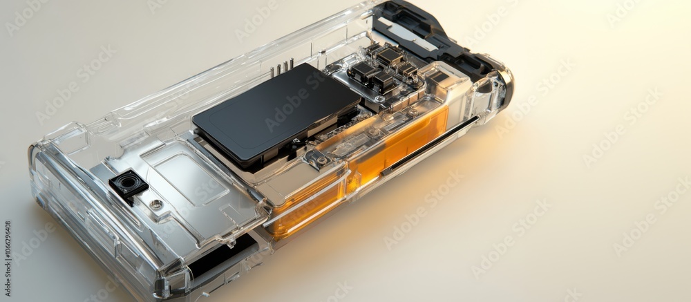 A transparent electronic device showcases its internal components, featuring a battery and circuit board with a sleek design. A transparent electronic device showcases its internal components, featuring a battery and circuit board with a sleek design.