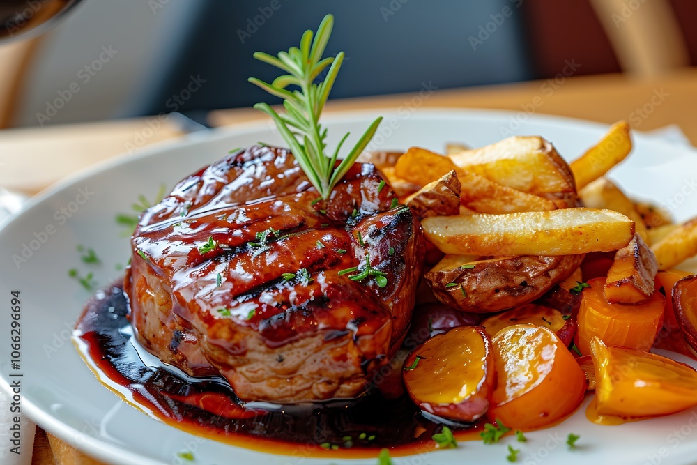 Beef steak with vegetables and fries on black plate Beef steak with vegetables and fries on black plate