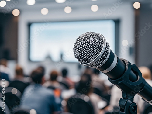 Obraz na płótnie Microphone in concert hall or conference room soft and blur style for background. Microphone over the Abstract blurred photo of conference hall or seminar room background. w salonie