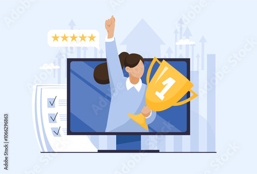 Businesswoman with winning cup on monitor screen, success and victory concept, remote online contest, exams, competition. Flat vector illustration.