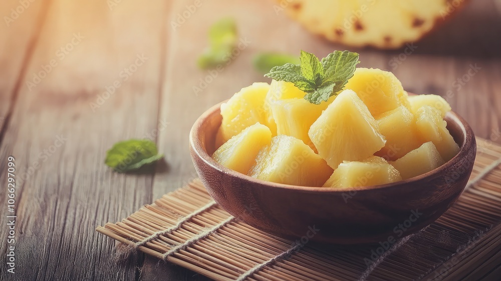 Fresh Pineapple Chunks Served in a Wooden Bowl Fresh Pineapple Chunks Served in a Wooden Bowl